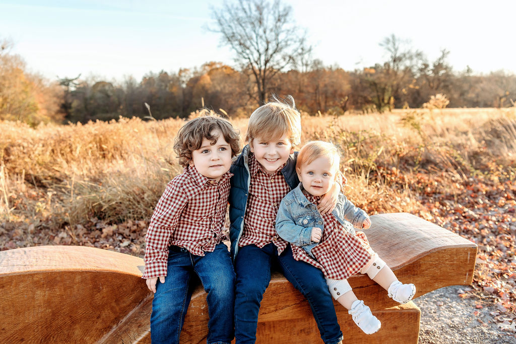 Three toddlers sit on a wooden bench in a park at sunset smiling and hugging each other